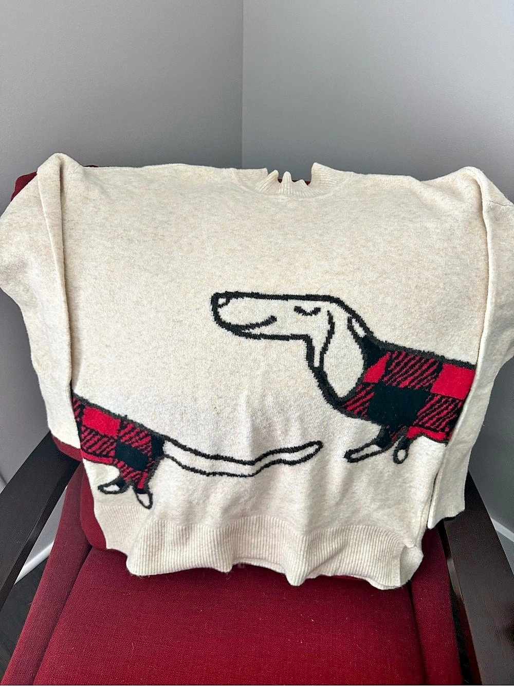 LOFT Dachshund Buffalo Plaid Mock Neck Sweater Cream & Red Medium